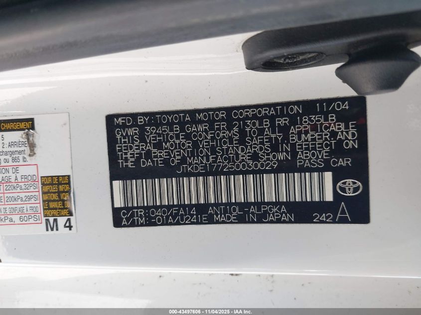 2005 Scion Tc VIN: JTKDE177250030029 Lot: 43497606