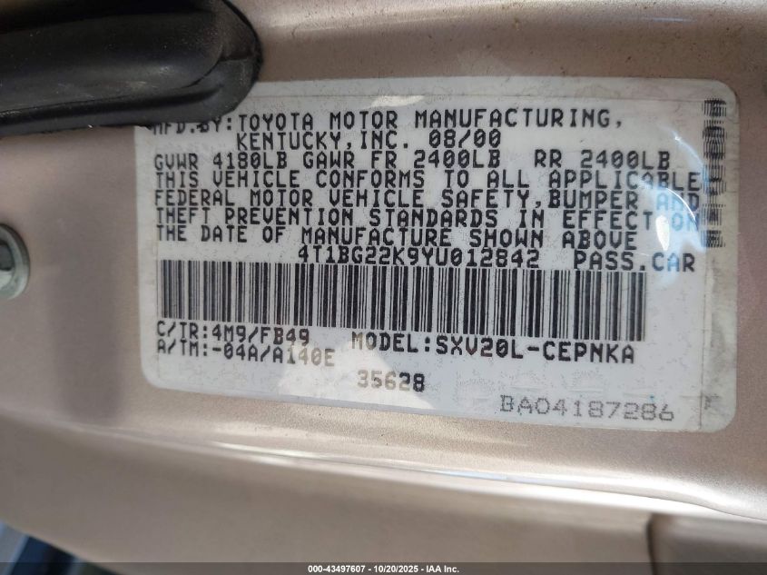 2000 Toyota Camry Le VIN: 4T1BG22K9YU012842 Lot: 43497607