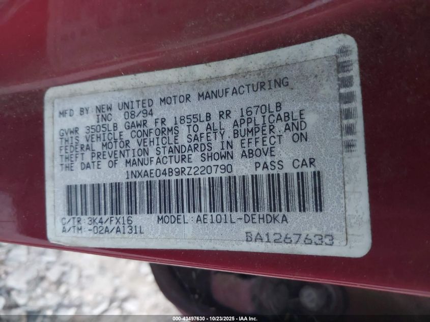 1994 Toyota Corolla VIN: 1NXAE04B9RZ220790 Lot: 43497630