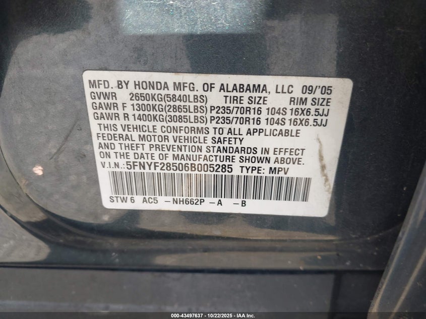 5FNYF28506B005285 2006 HONDA PILOT photo no. 9