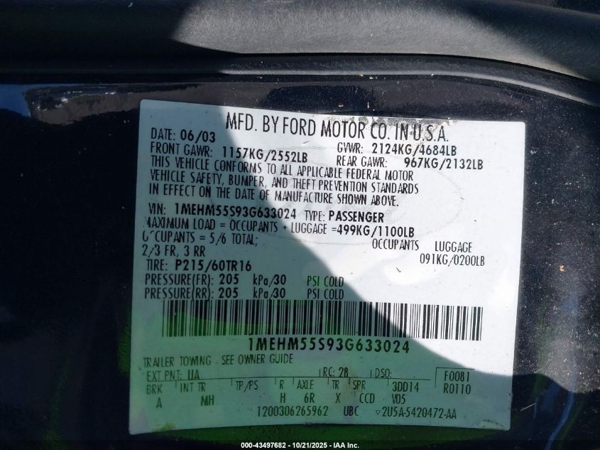 2003 Mercury Sable Ls Premium VIN: 1MEHM55S93G633024 Lot: 43497682