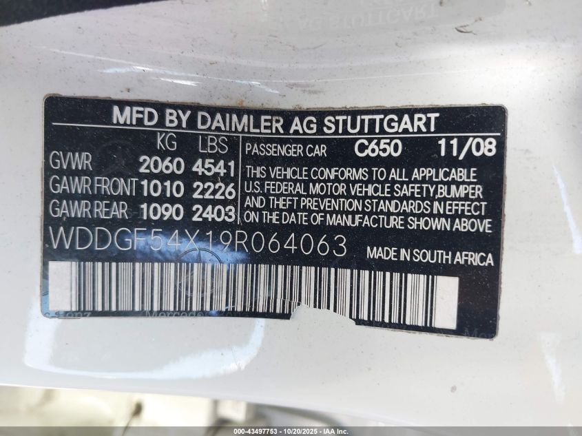 2009 Mercedes-Benz C 300 Luxury/Sport VIN: WDDGF54X19R064063 Lot: 43497753