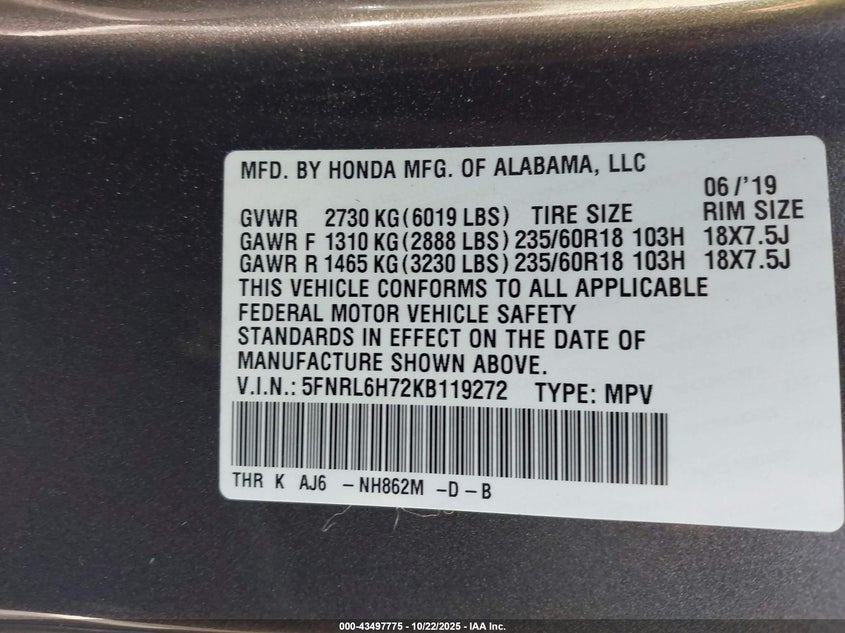 5FNRL6H72KB119272 2019 HONDA ODYSSEY photo no. 9