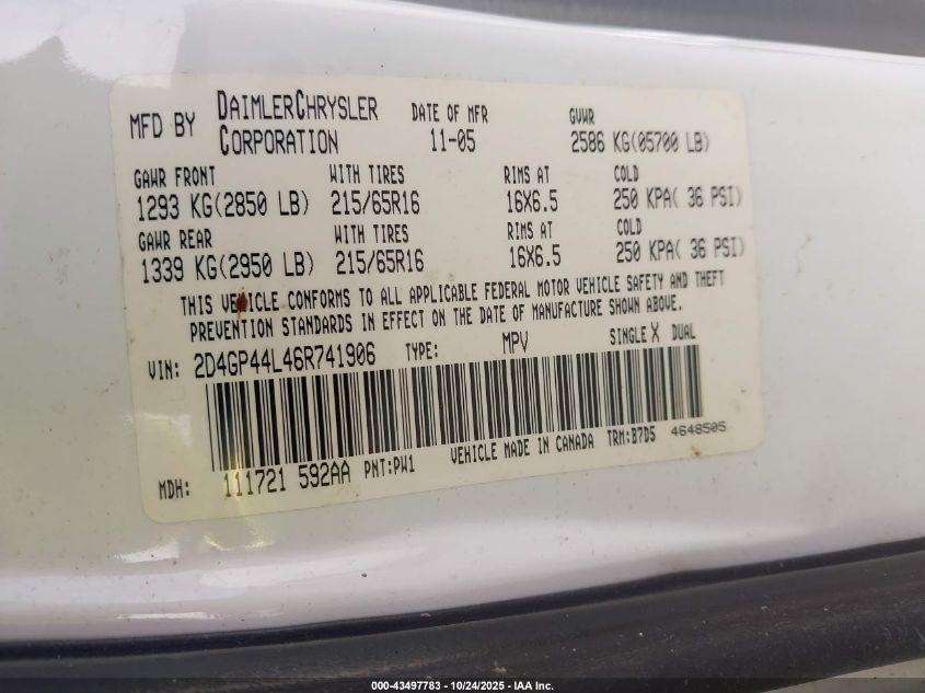 2006 Dodge Grand Caravan Sxt VIN: 2D4GP44L46R741906 Lot: 43497783