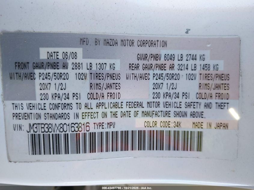 2008 Mazda Cx-9 Grand Touring VIN: JM3TB38VX80163816 Lot: 43497798