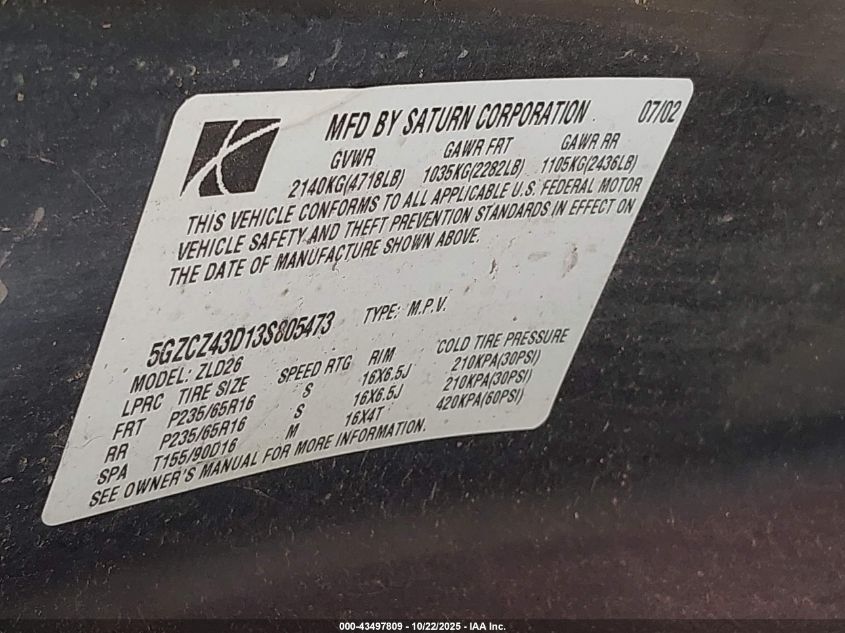 2003 Saturn Vue 4 Cyl VIN: 5GZCZ43D13S805473 Lot: 43497809