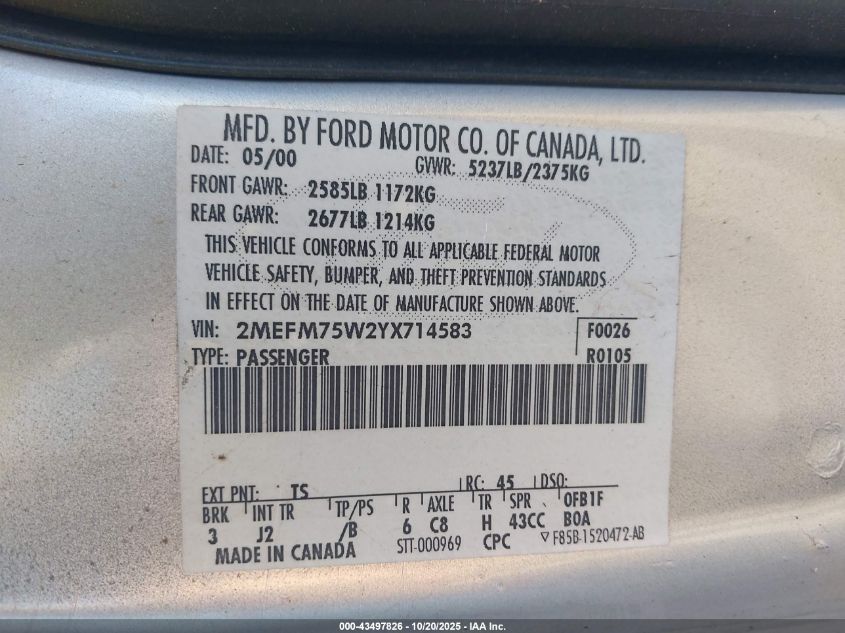 2000 Mercury Grand Marquis Ls VIN: 2MEFM75W2YX714583 Lot: 43497826