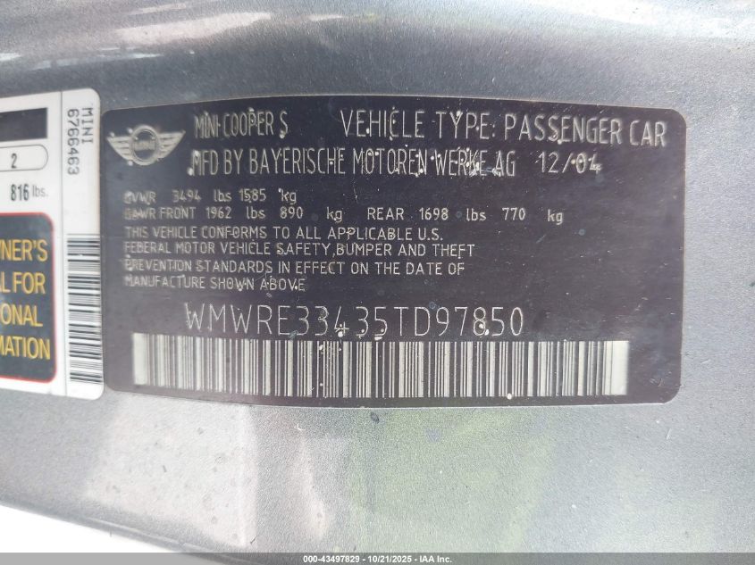 2005 Mini Cooper S VIN: WMWRE33435TD97850 Lot: 43497829