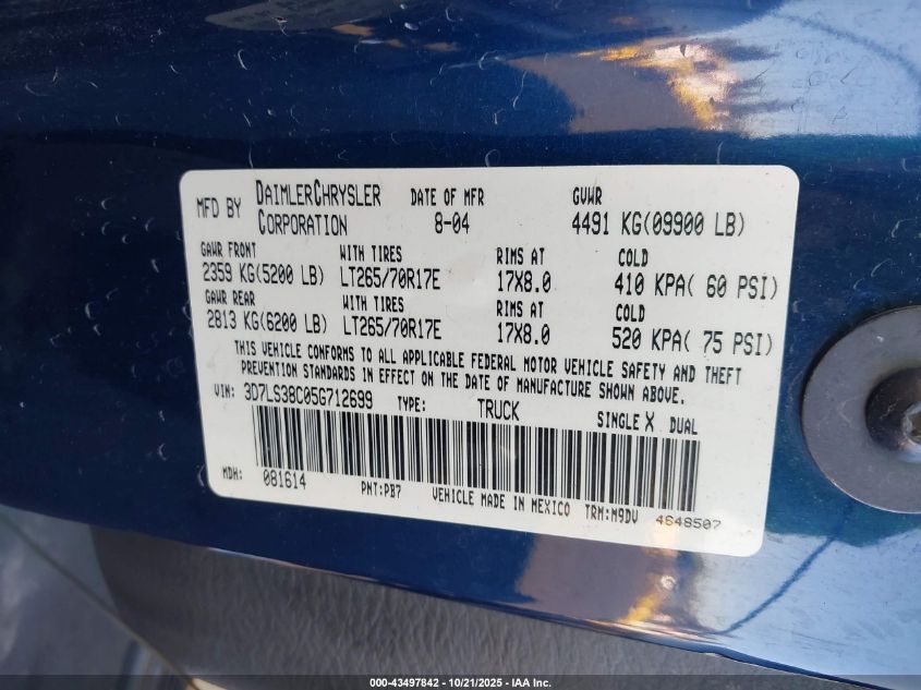 2005 Dodge Ram 3500 Slt/Laramie VIN: 3D7LS38C05G712699 Lot: 43497842