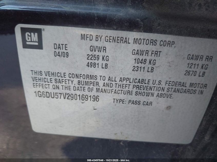 2009 Cadillac Cts Standard VIN: 1G6DU57V290169196 Lot: 43497846