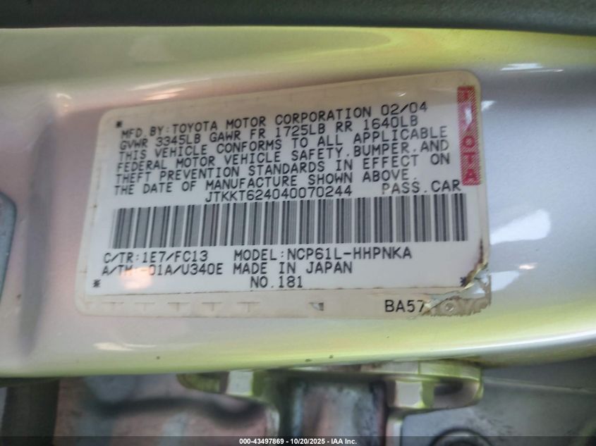 2004 Scion Xa VIN: JTKKT624040070244 Lot: 43497869