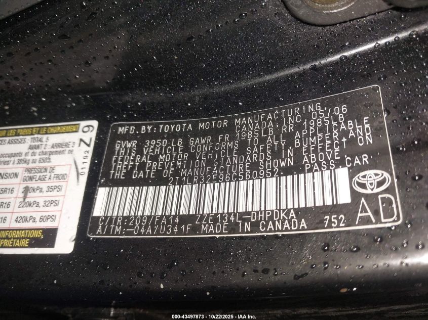 2006 Toyota Matrix VIN: 2T1LR32E96C560952 Lot: 43497873