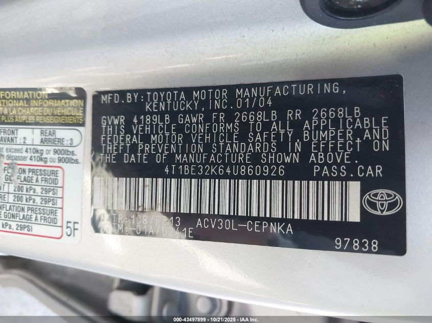 2004 Toyota Camry Le VIN: 4T1BE32K64U860926 Lot: 43497899