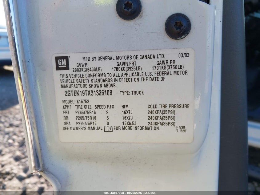 2GTEK19TX31326108 2003 GMC SIERRA photo no. 9