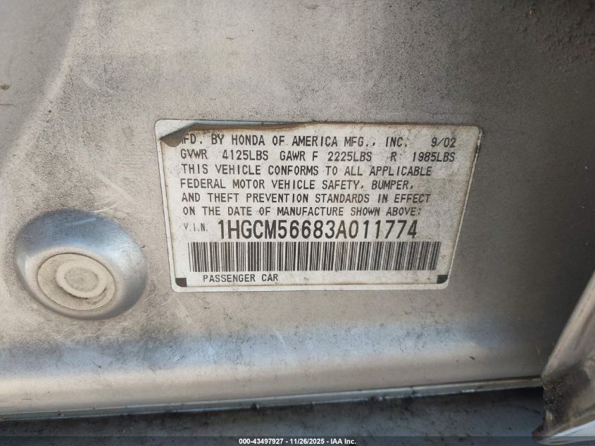 2003 Honda Accord 2.4 Ex VIN: 1HGCM56683A011774 Lot: 43497927