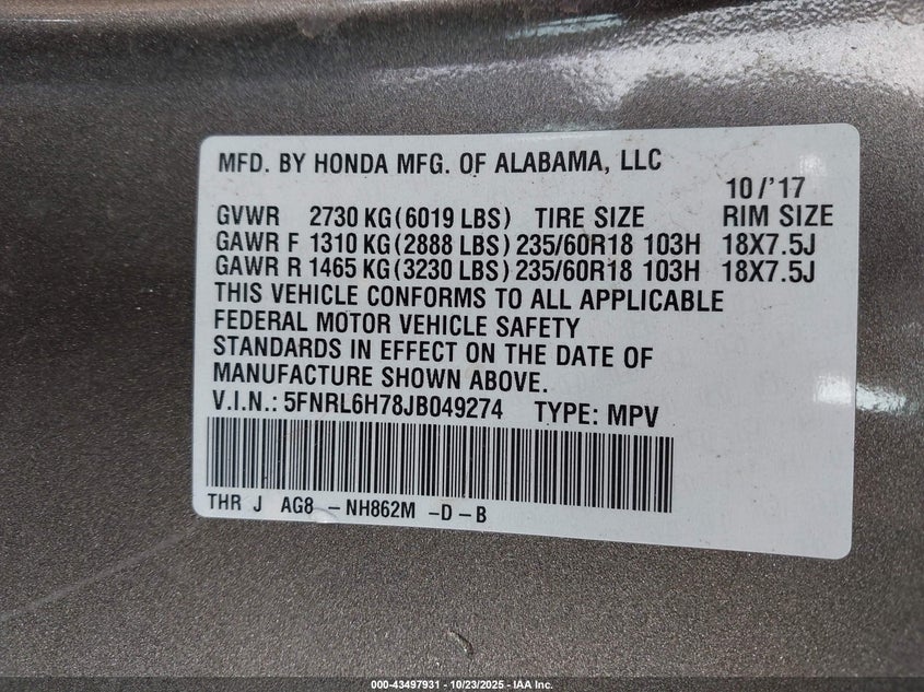 5FNRL6H78JB049274 2018 HONDA ODYSSEY photo no. 9