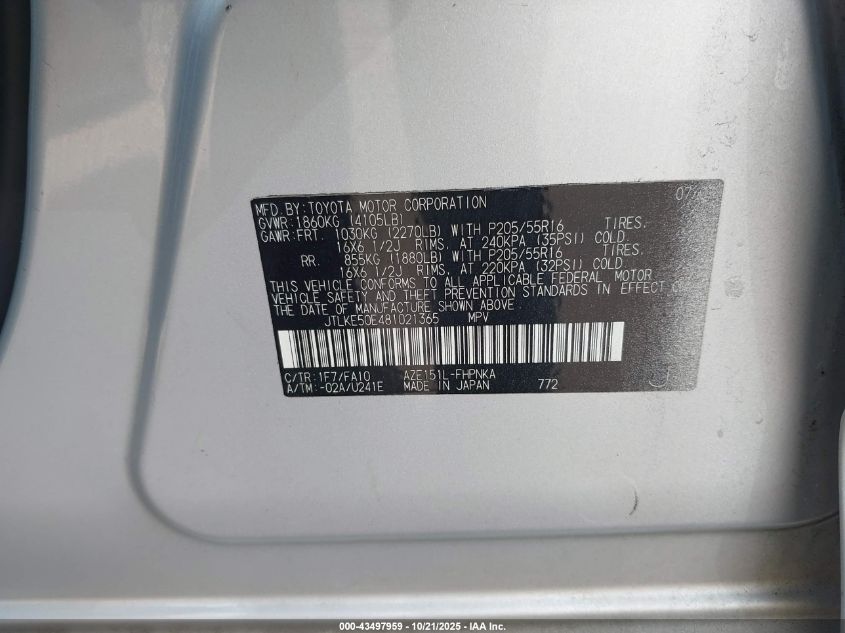 2008 Scion Xb VIN: JTLKE50E481021365 Lot: 43497959