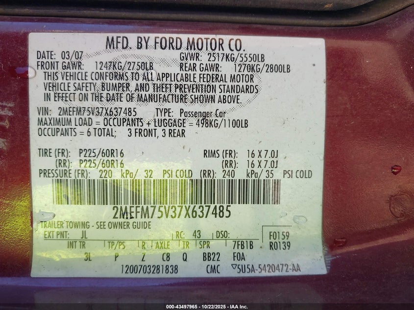 2MEFM75V37X637485 2007 MERCURY GRAND MARQUIS photo no. 9
