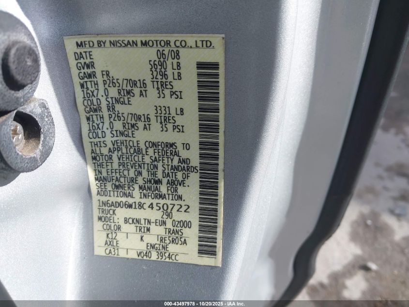 2008 Nissan Frontier Se VIN: 1N6AD06W18C450722 Lot: 43497978