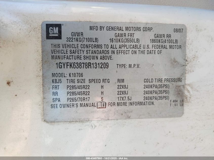 2008 Cadillac Escalade Standard VIN: 1GYFK63878R131209 Lot: 43497980