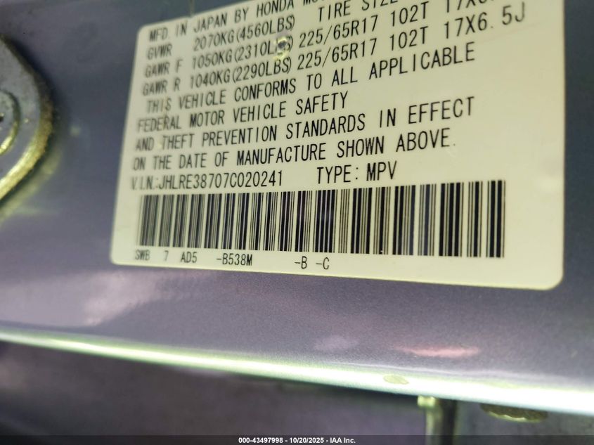 2007 Honda Cr-V Ex-L VIN: JHLRE38707C020241 Lot: 43497998