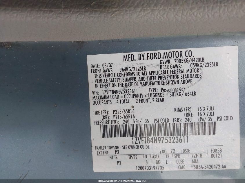 2007 Ford Mustang V6 Deluxe/V6 Premium VIN: 1ZVFT84N975323611 Lot: 43498002