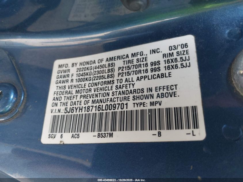 2006 Honda Element Ex-P VIN: 5J6YH18716L009701 Lot: 43498023