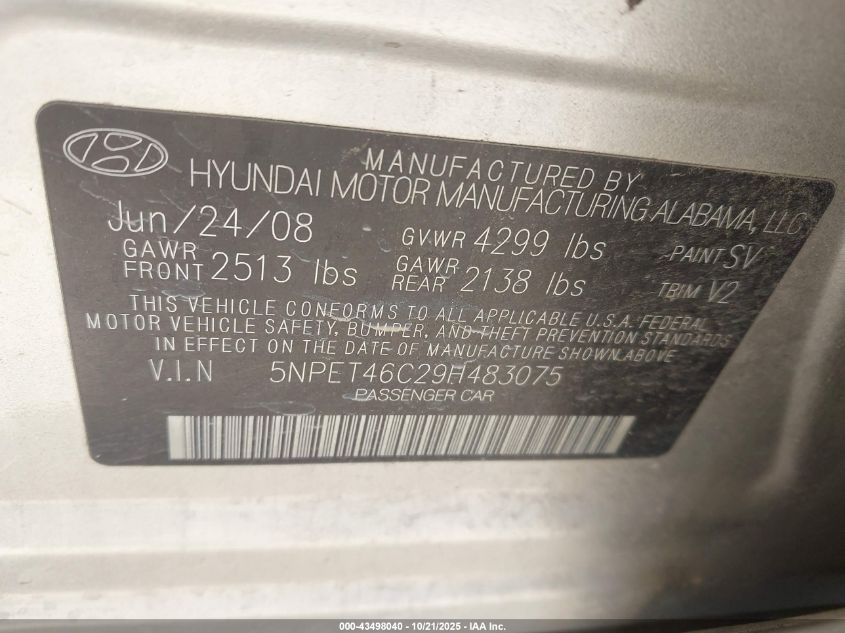 2009 Hyundai Sonata Gls VIN: 5NPET46C29H483075 Lot: 43498040