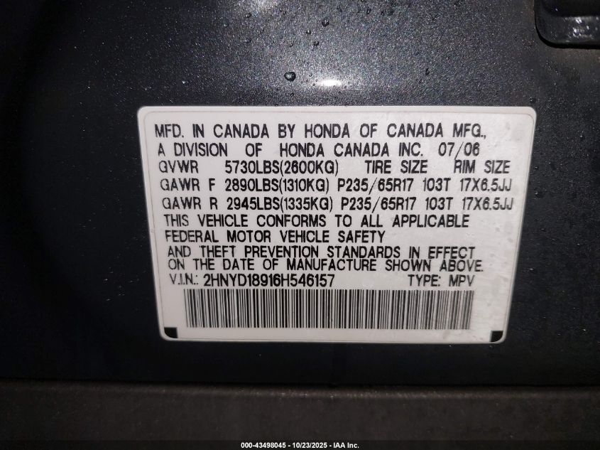 2006 Acura Mdx VIN: 2HNYD18916H546157 Lot: 43498045