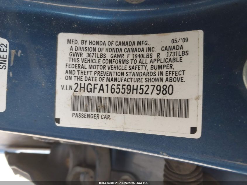 2009 Honda Civic Lx VIN: 2HGFA16559H527980 Lot: 43498051