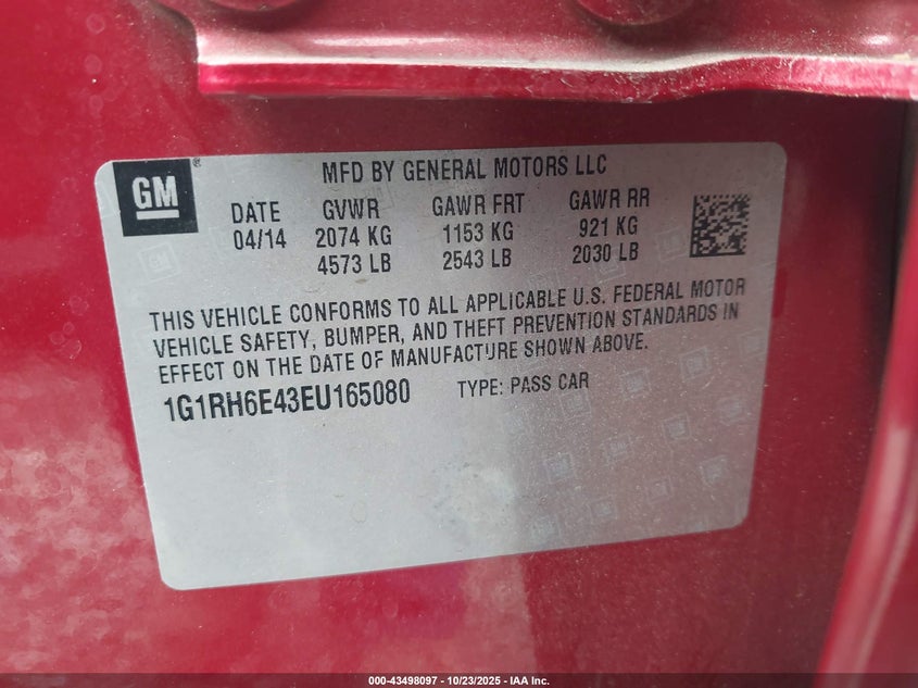 2014 CHEVROLET VOLT 1G1RH6E43EU165080