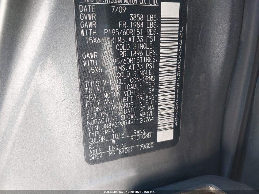 2009 Nissan Cube 1.8S VIN: JN8AZ28R49T120764 Lot: 43498132
