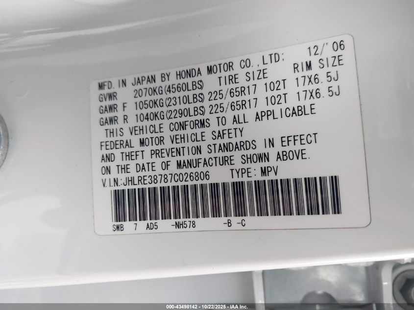 2007 Honda Cr-V Ex-L VIN: JHLRE38787C026806 Lot: 43498142