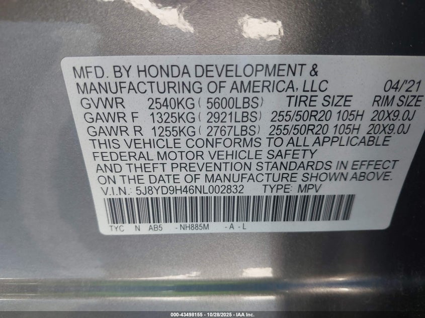 2022 Acura Mdx Technology Package VIN: 5J8YD9H46NL002832 Lot: 43498155