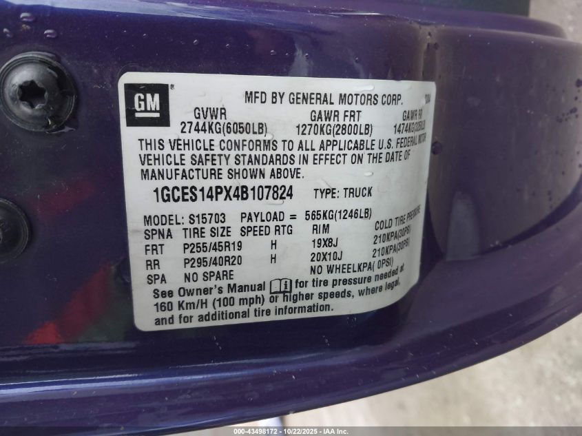 2004 Chevrolet Ssr VIN: 1GCES14PX4B107824 Lot: 43498172