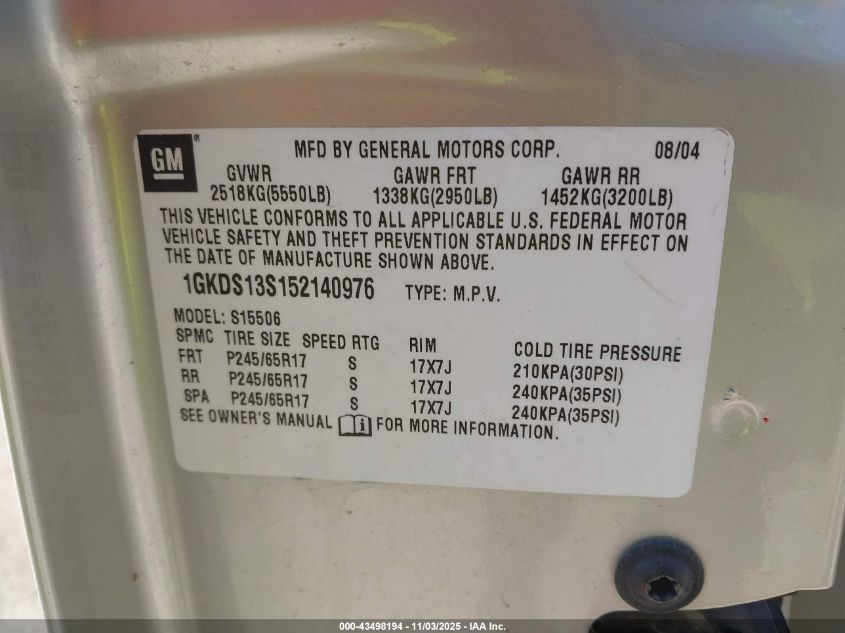 2005 GMC Envoy Sle VIN: 1GKDS13S152140976 Lot: 43498194