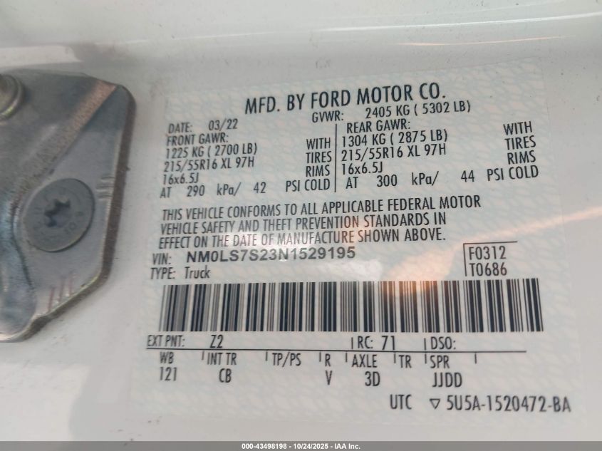 2022 Ford Transit Connect Xl VIN: NM0LS7S23N1529195 Lot: 43498198