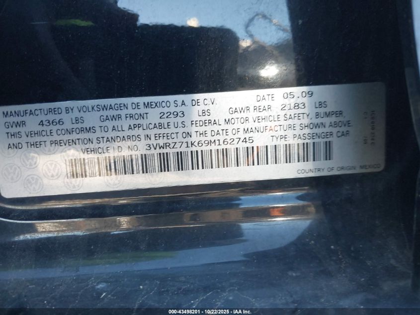 2009 Volkswagen Jetta Se VIN: 3VWRZ71K69M162745 Lot: 43498201