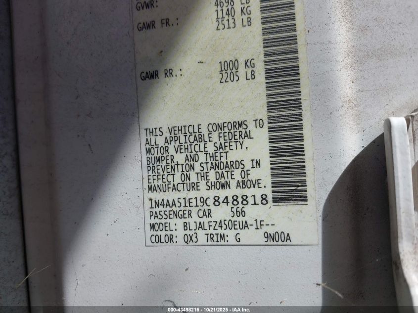 2009 Nissan Maxima 3.5 Sv VIN: 1N4AA51E19C848818 Lot: 43498216