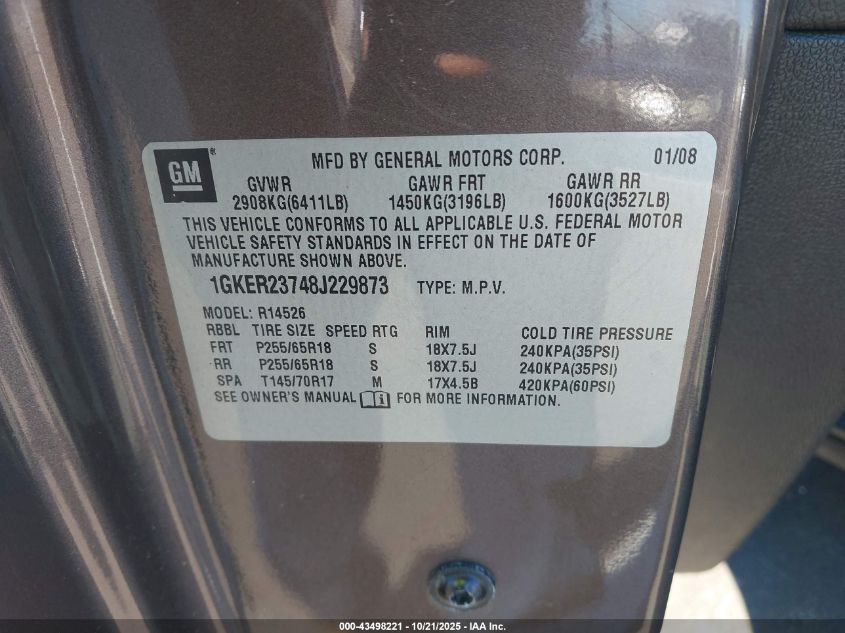 2008 GMC Acadia Slt-1 VIN: 1GKER23748J229873 Lot: 43498221