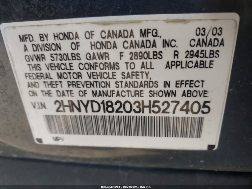 2003 Acura Mdx VIN: 2HNYD18203H527405 Lot: 43498241