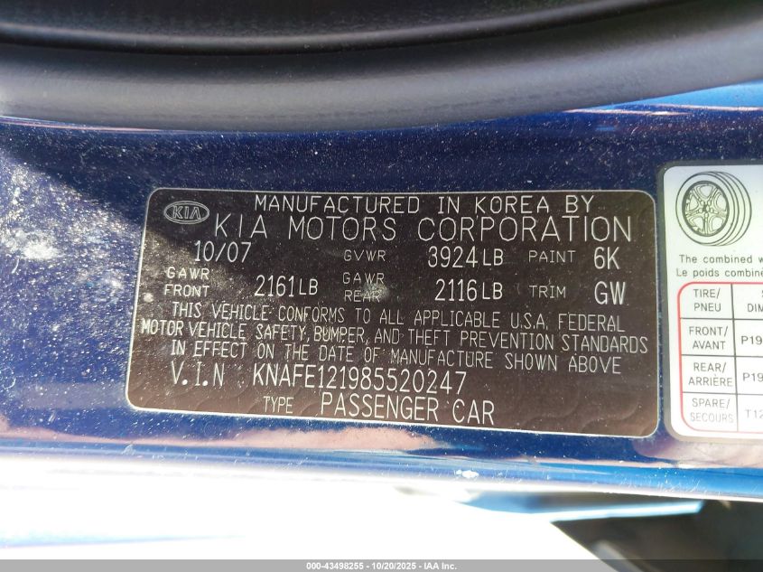 2008 Kia Spectra Ex VIN: KNAFE121985520247 Lot: 43498255