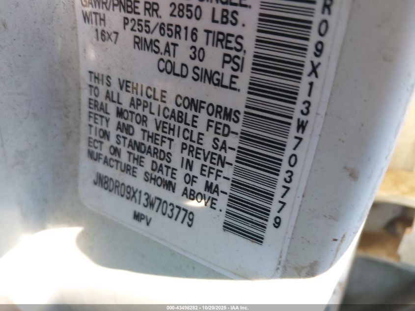 2003 Nissan Pathfinder Se VIN: JN8DR09X13W703779 Lot: 43498282
