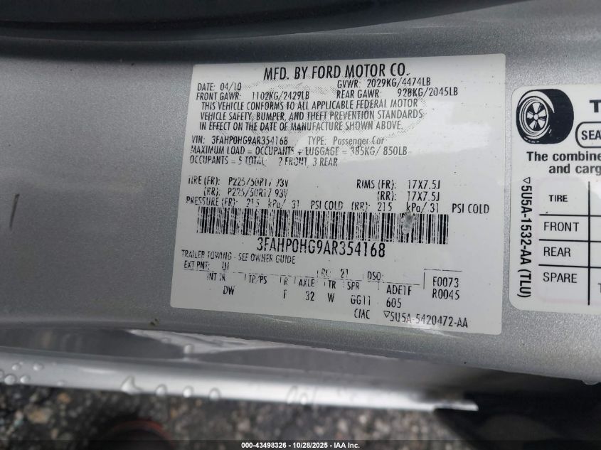 2010 Ford Fusion Se VIN: 3FAHP0HG9AR354168 Lot: 43498326