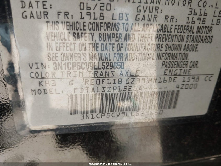 2020 NISSAN KICKS SV XTRONIC CVT 3N1CP5CV9LL529650