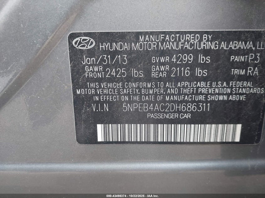 2013 HYUNDAI SONATA GLS 5NPEB4AC2DH686311