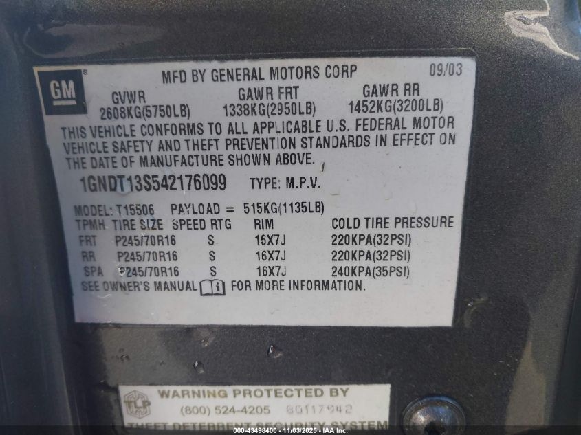 2006 Chevrolet Trailblazer Lt VIN: 1GNDT13S362171499 Lot: 43498400