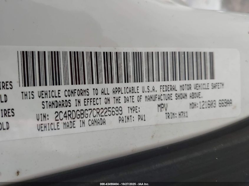 2012 Dodge Grand Caravan Se/Avp VIN: 2C4RDGBG7CR225699 Lot: 43498404