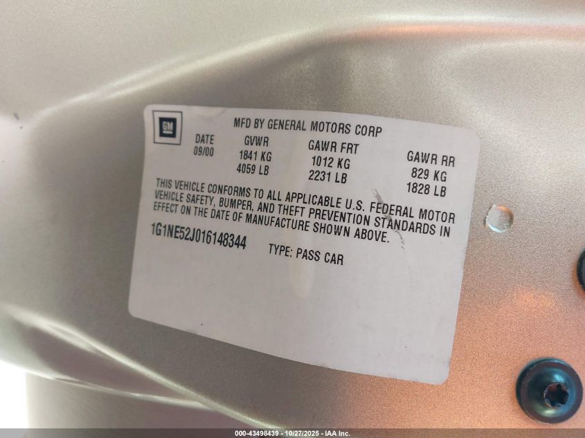 2001 Chevrolet Malibu Ls VIN: 1G1NE52J016148344 Lot: 43498439
