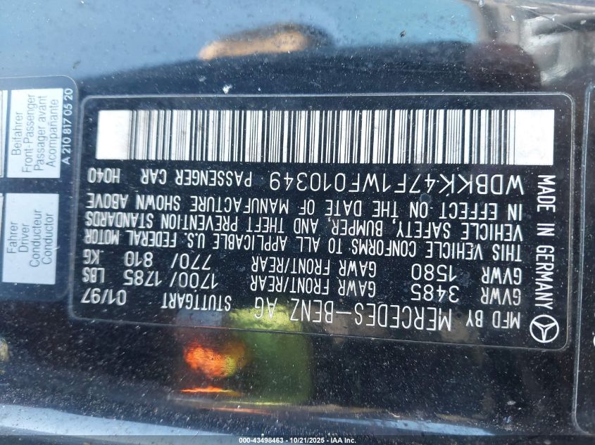 1998 Mercedes-Benz Slk 230 VIN: WDBKK47F1WF010349 Lot: 43498463